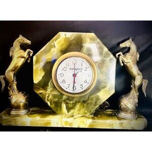 Antique Estate Piece Onyx Art Deco Circa '38 Master Crafters Horse Mantel Clock